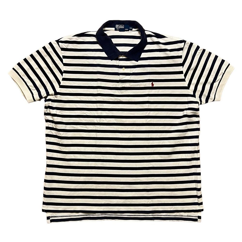 POLO RALPH LAUREN Shirt Men's XXL Blue White Striped‎ Vintage S/S Ribbed Cuff